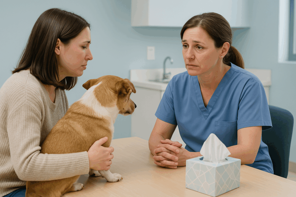 Veterinarian consulting with pet owner about end of life options and cremation costs