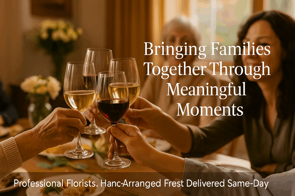 Family memorial gathering with wine toast honoring loved one's memory
