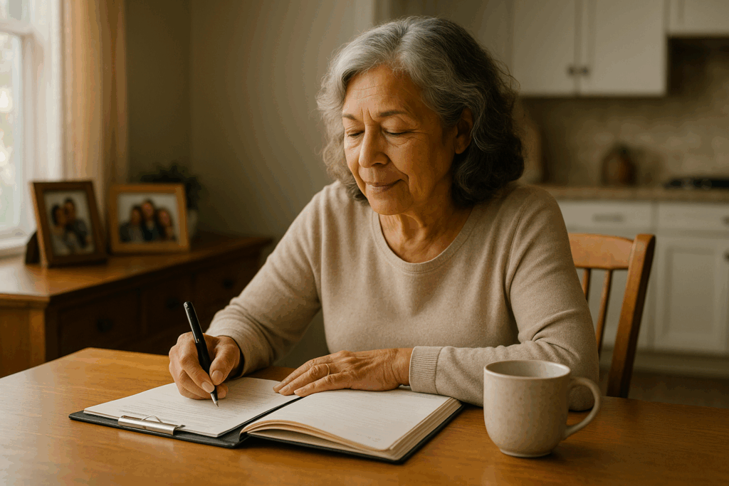 Senior adult writing end-of-life wishes and funeral preferences at home