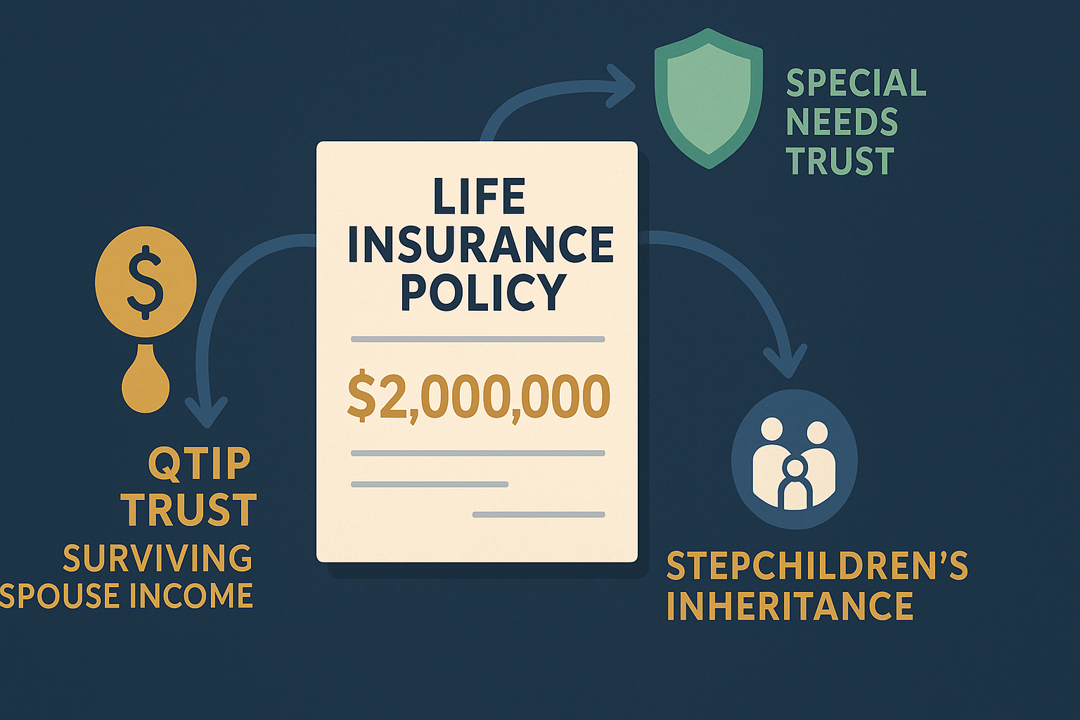 Diagram showing four separate trusts for blended family estate planning: special needs trust, QTIP trust, biological children's trust, and stepchildren's trust