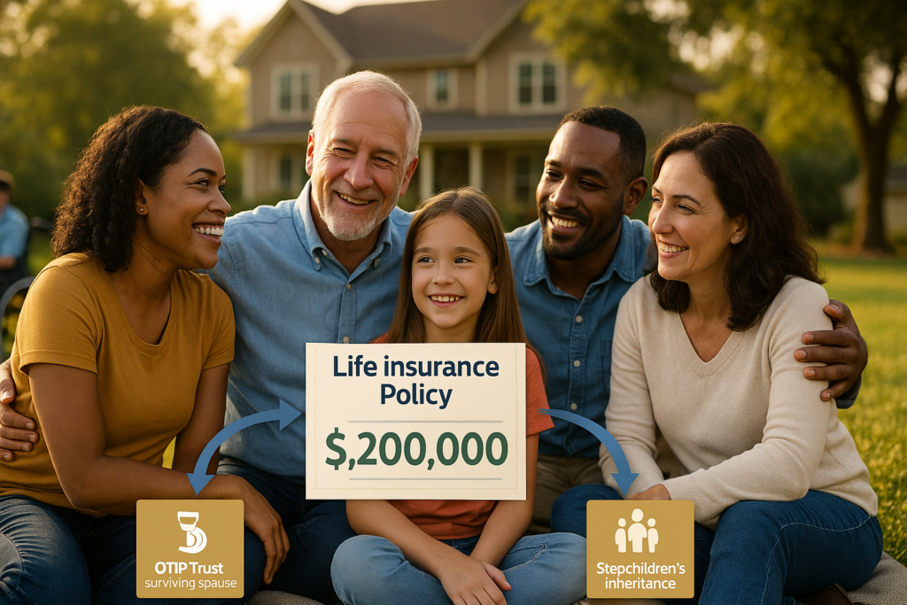 Happy blended family gathered together outdoors showing harmony and security from proper estate planning