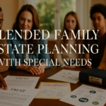 Blended family reviewing estate planning documents together at dining table with trust paperwork and family structure diagrams