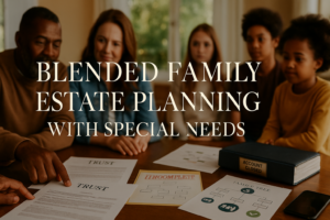 Blended family reviewing estate planning documents together at dining table with trust paperwork and family structure diagrams