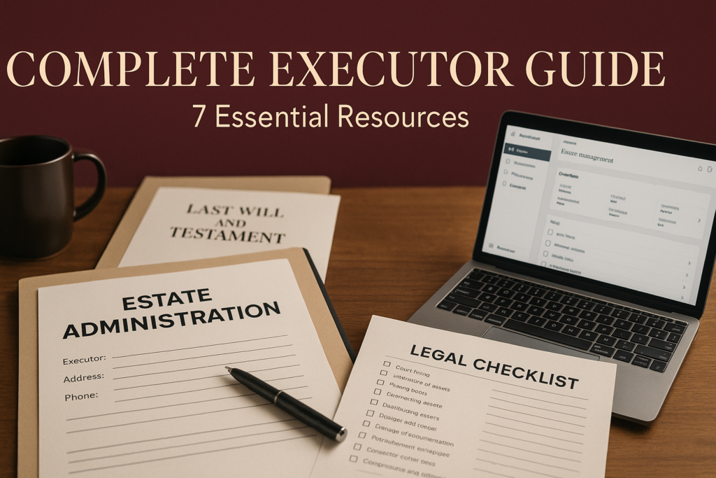 Professional executor workspace showing estate administration documents, legal checklists, and organizational tools for comprehensive executor guidance