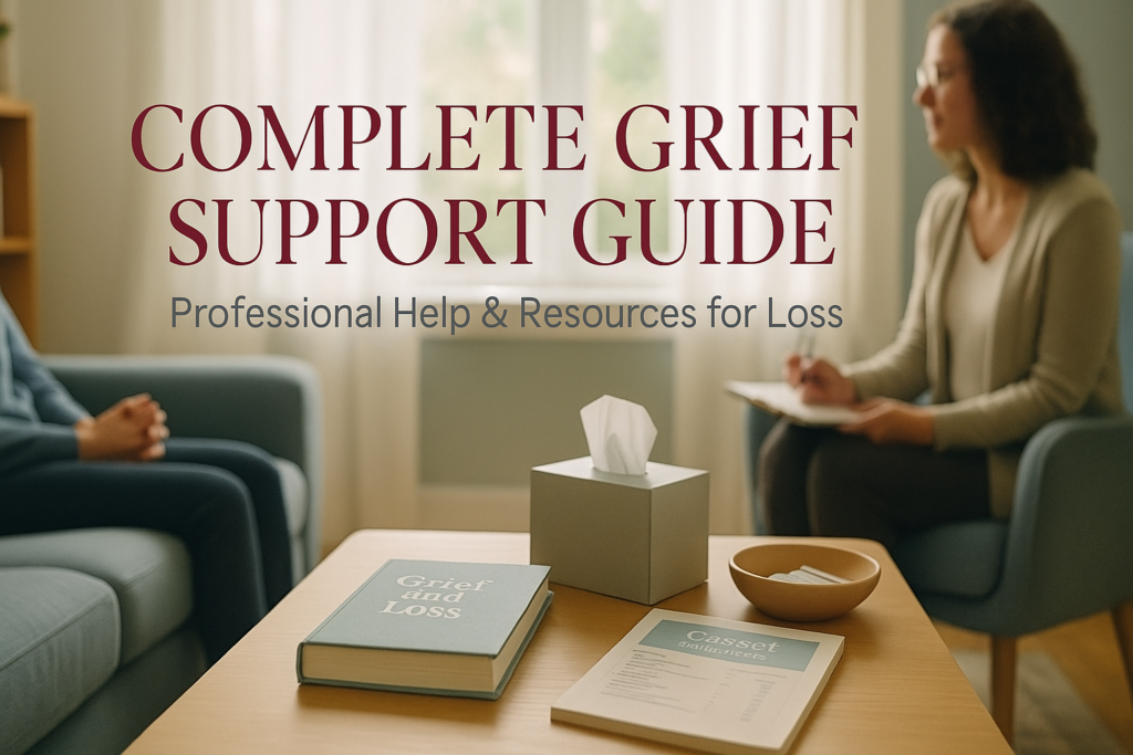 Peaceful grief counseling environment with supportive resources, therapy materials, and compassionate professional help for those experiencing loss