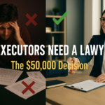 Dramatic split-screen showing DIY estate administration risks versus protected attorney representation with bold decision-making text overlay