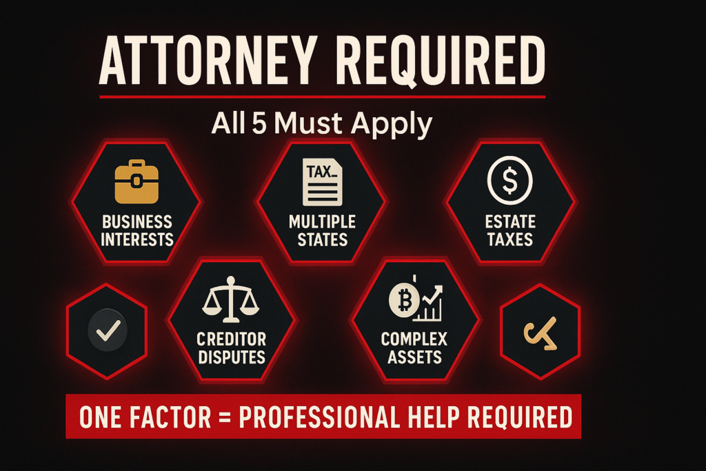 Dramatic warning infographic with glowing red hexagonal badges on dark background showing six estate complexity factors requiring immediate attorney representation