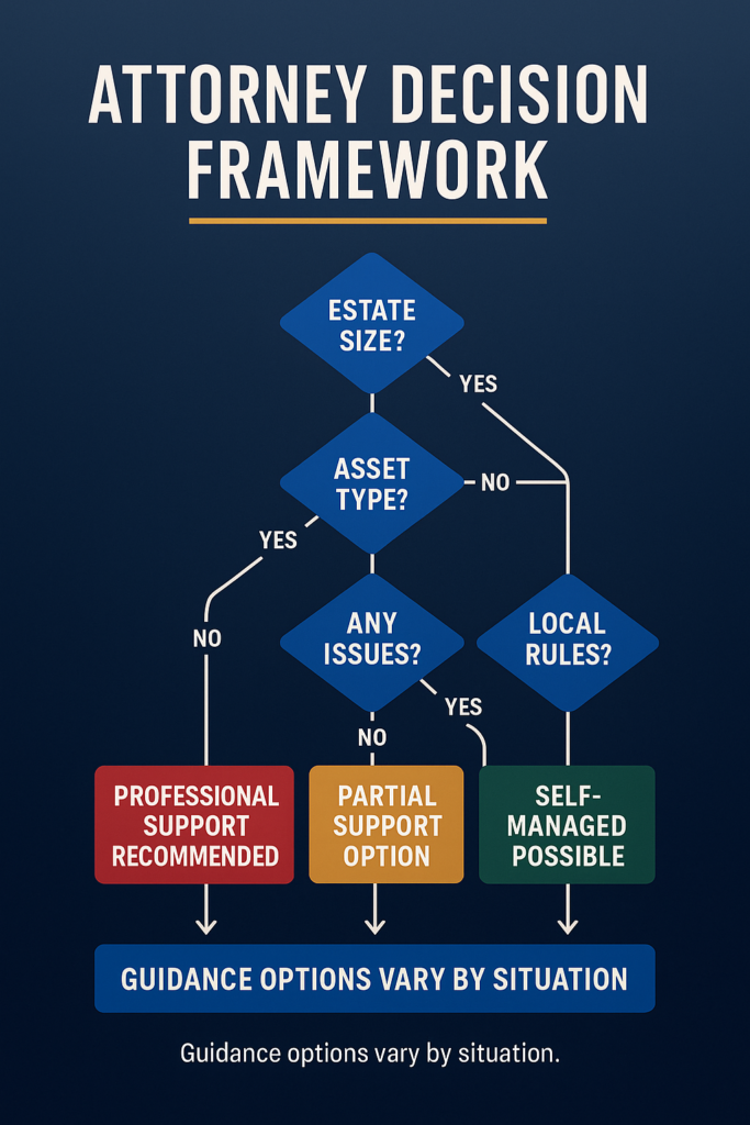 Bold modern flowchart with color-coded outcomes showing systematic decision tree for determining attorney necessity based on estate value, complexity, disputes, and executor experience