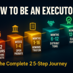 Dramatic ascending staircase visualization showing five illuminated executor phases from 72 hours (red urgent glow) through 12-18 months (green success glow) with golden path connecting all stages