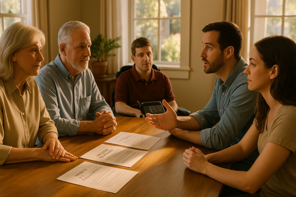 Multi-generational family having respectful conversation about estate planning with documents on table showing proactive communication about inheritance