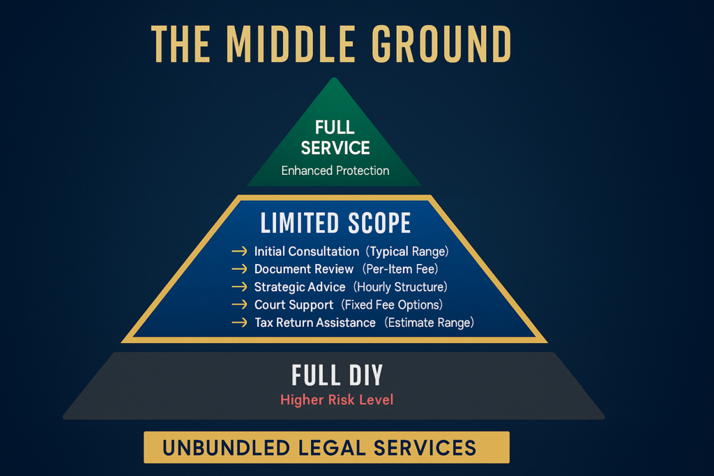 Elegant three-tier pyramid on deep navy background showing limited scope representation as highlighted middle ground between full DIY risk and full attorney protection with specific pricing