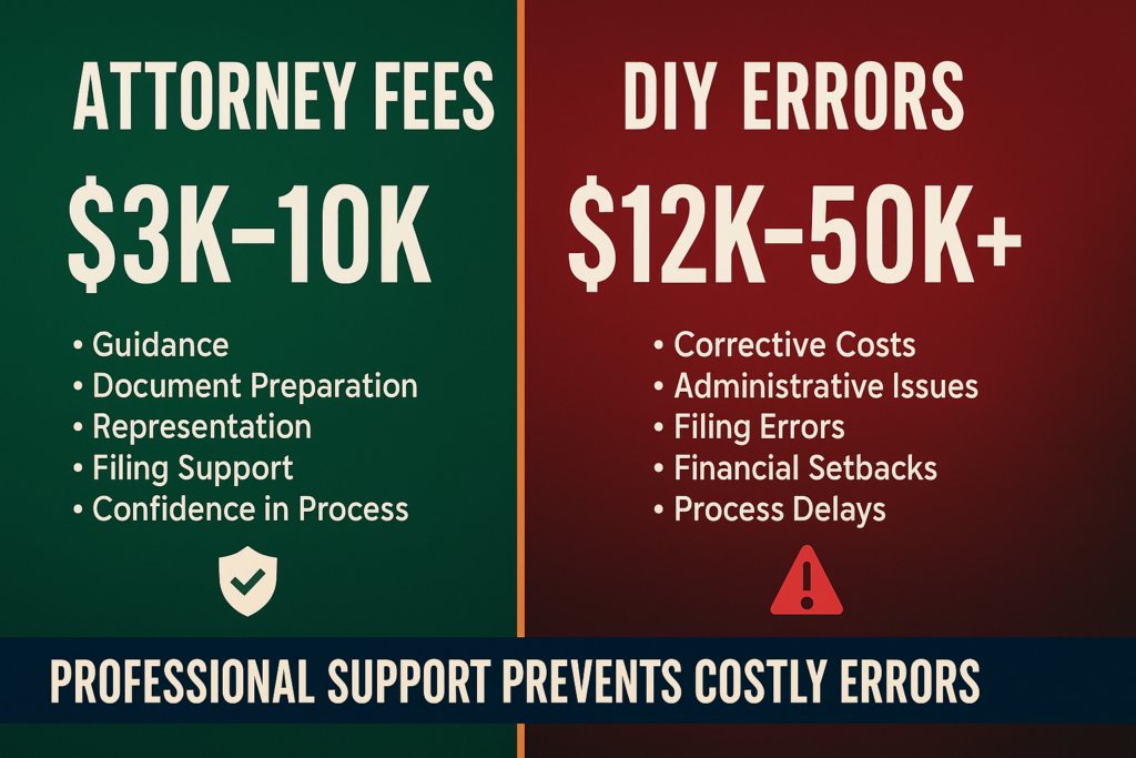 Dramatic split-screen cost comparison showing attorney fees $3K-10K in green versus DIY mistake costs $12K-50K+ in alarming red demonstrating financial insurance value