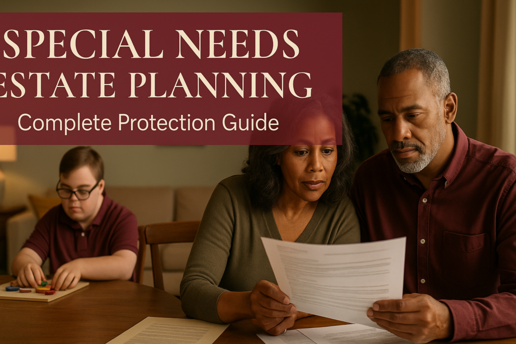 Family reviewing special needs trust documents and estate planning materials to protect benefits and ensure lifetime care for special needs child