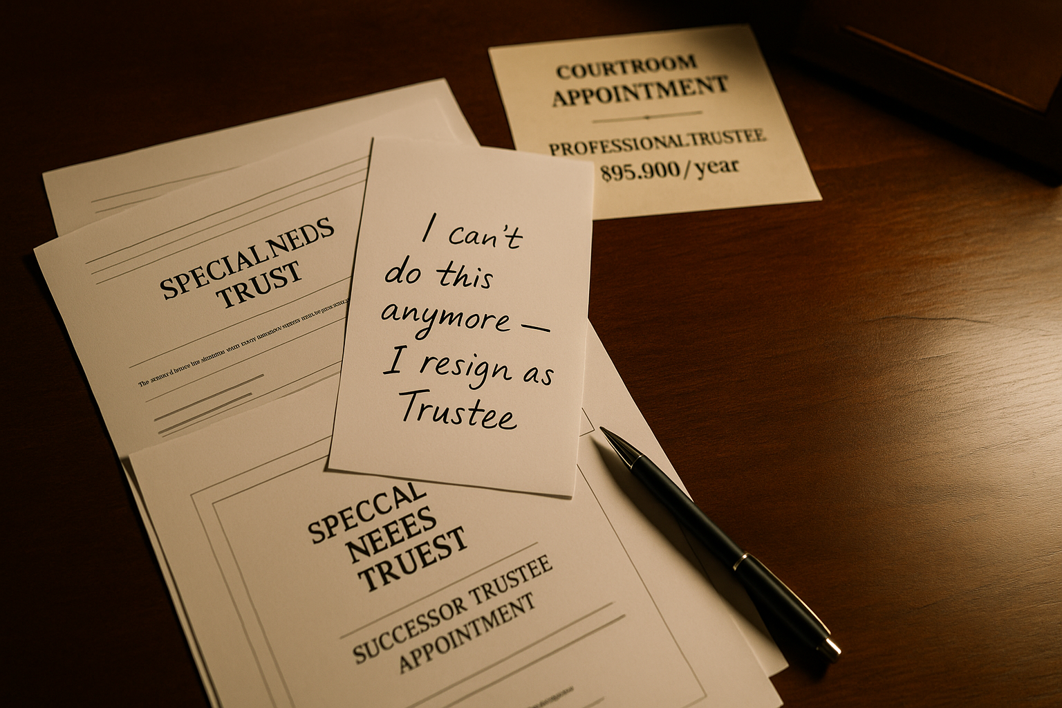 Resignation letter on special needs trust documents with court-appointed professional trustee fee notice showing financial consequences of family member backing out