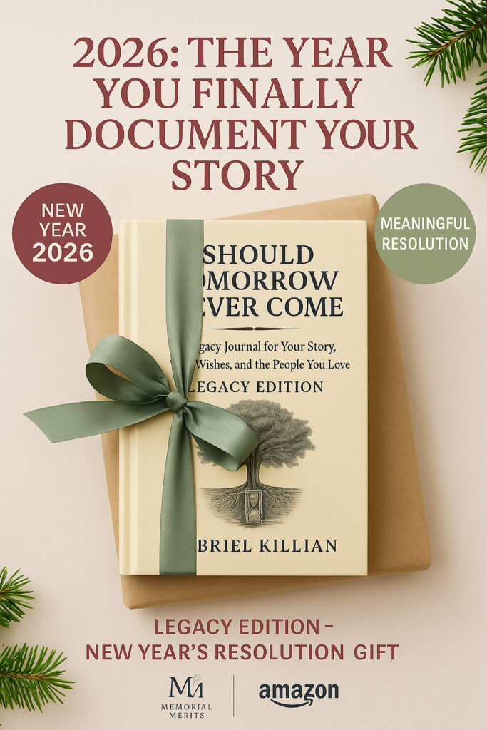Should Tomorrow Never Come Legacy Edition journal with sage green ribbon, displayed as a meaningful New Year's resolution gift for documenting your story