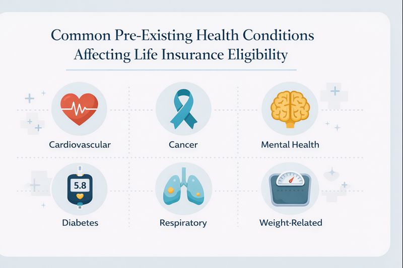 Infographic showing common pre-existing health conditions including heart disease, cancer, diabetes, and mental health that affect UK life insurance applications
