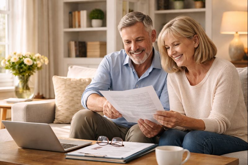 Retired couple smiling with relief after completing estate planning documents representing successful Ethos users