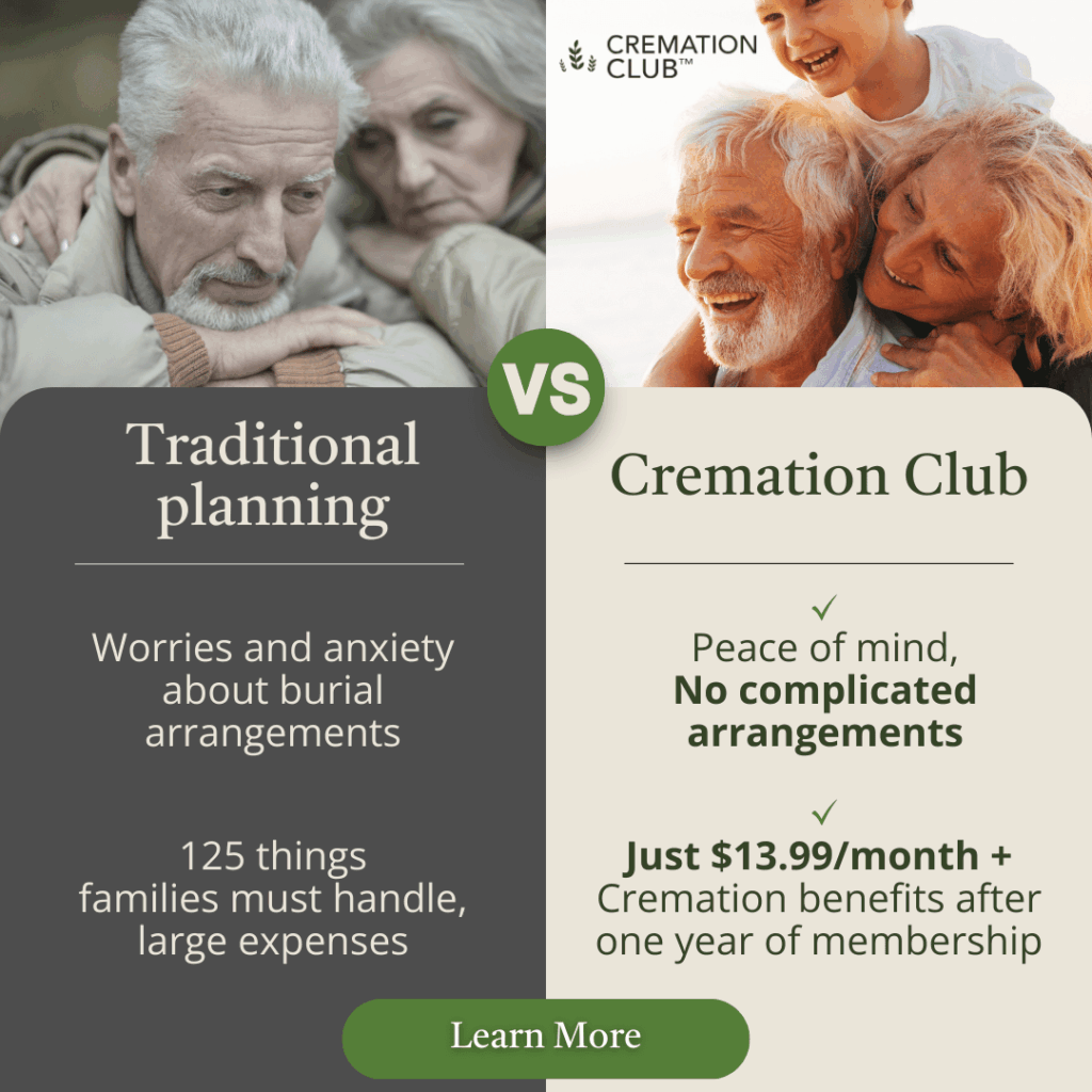 Cremation Club vs traditional planning comparison showing $13.99 monthly membership for peace of mind and $99 cremation benefits