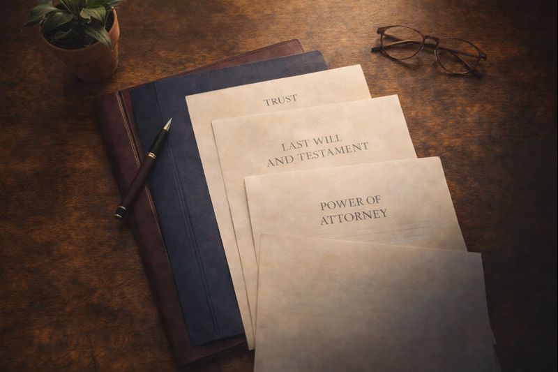 Estate planning documents including living trust, will, and power of attorney arranged on professional desk