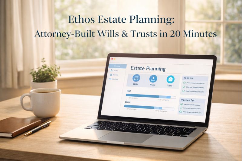 Ethos estate planning dashboard on laptop in peaceful home office showing attorney-built online wills and trusts interface