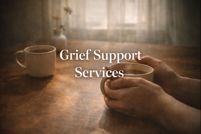 Hands holding warm tea cup with second cup nearby on wooden table, soft natural light, representing grief support services including counseling and memorial providers