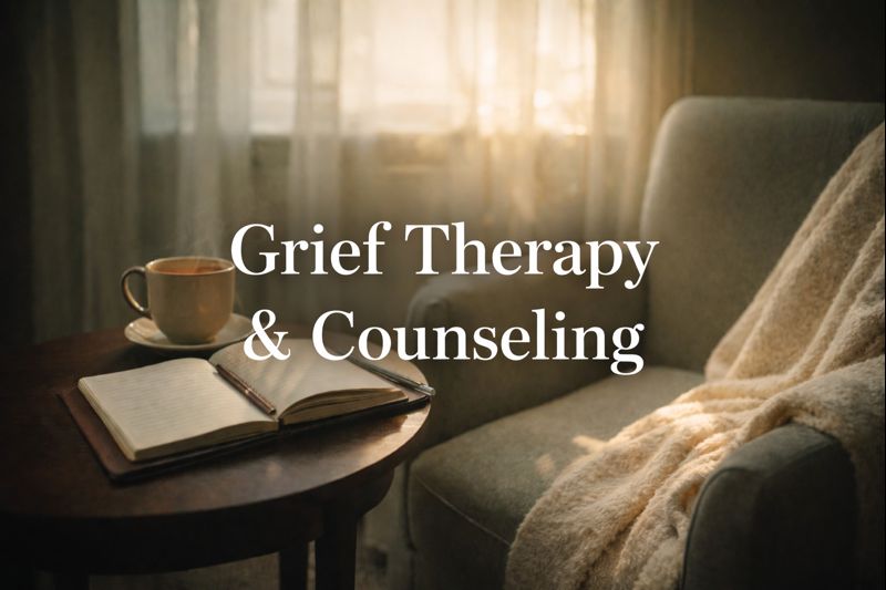 Cozy reading corner with open journal, warm tea, and soft blanket in gentle morning light representing a safe space for grief therapy and counseling