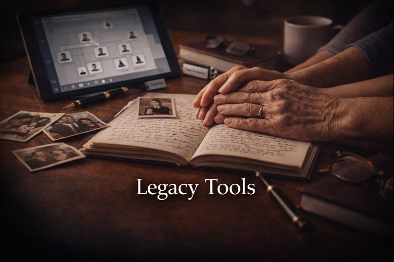 Legacy planning tools - multi-generational hands preserving family stories and digital assets