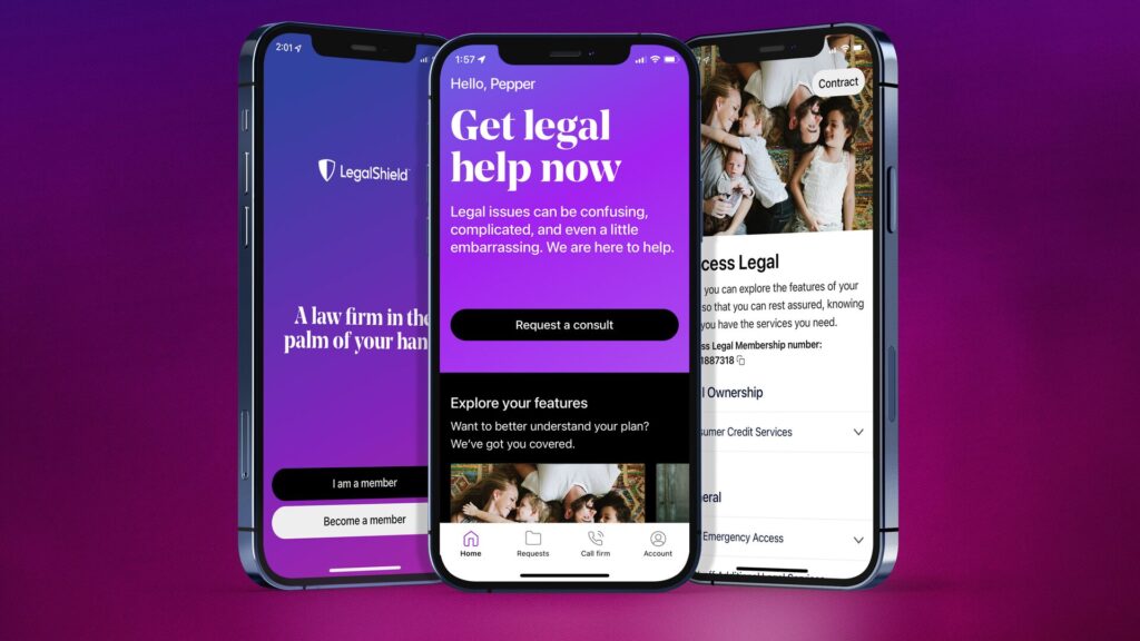 LegalShield mobile app interface showing legal help request, features menu, and member services
