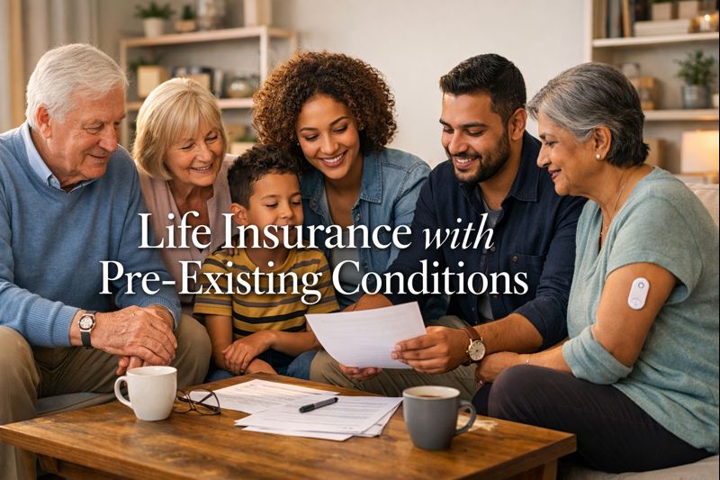 UK family reviewing life insurance documents together, showing compassionate specialist coverage for pre-existing health conditions