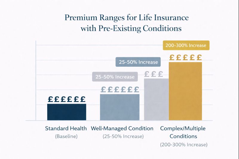 Bar chart showing life insurance premium ranges in UK pounds for standard health versus pre-existing conditions at different severity levels