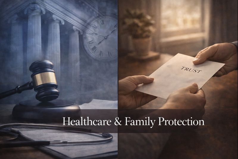 Visual comparison of living trust versus will showing probate process differences