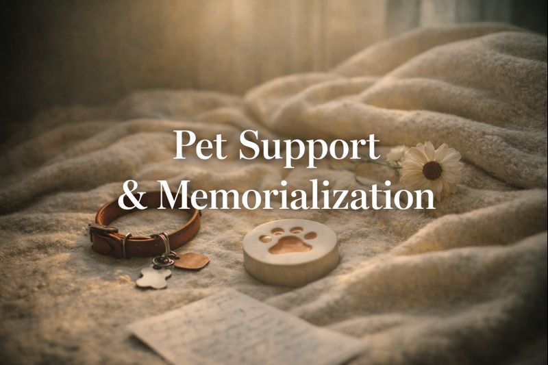 Pet collar with heart tag, paw print keepsake urn, and small flower on soft blanket representing pet memorial products, cremation urns, and pet loss support services