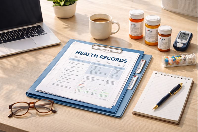 Organized medical documents and health records prepared for UK life insurance application with pre-existing conditions