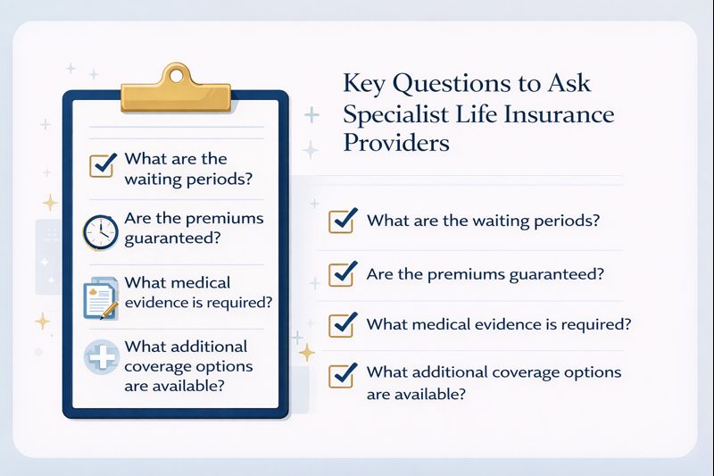  Checklist infographic showing key questions UK consumers should ask when comparing specialist life insurance providers for pre-existing conditions