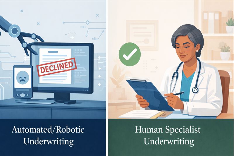 Split comparison showing traditional automated life insurance underwriting versus specialist human underwriting for pre-existing conditions