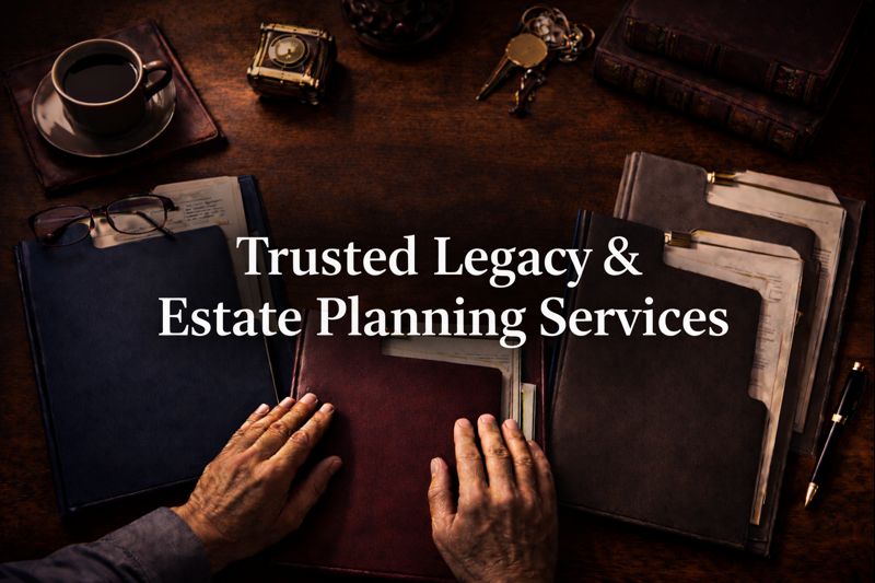 Organized estate planning workspace with legacy documents and folders - comprehensive service directory