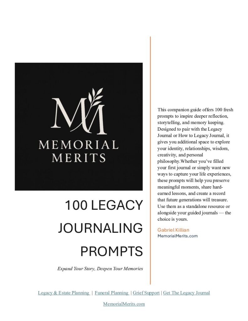 First page preview of the Legacy Journal Starter Kit from Memorial Merits with guided prompts for capturing personal stories, values, and life lessons