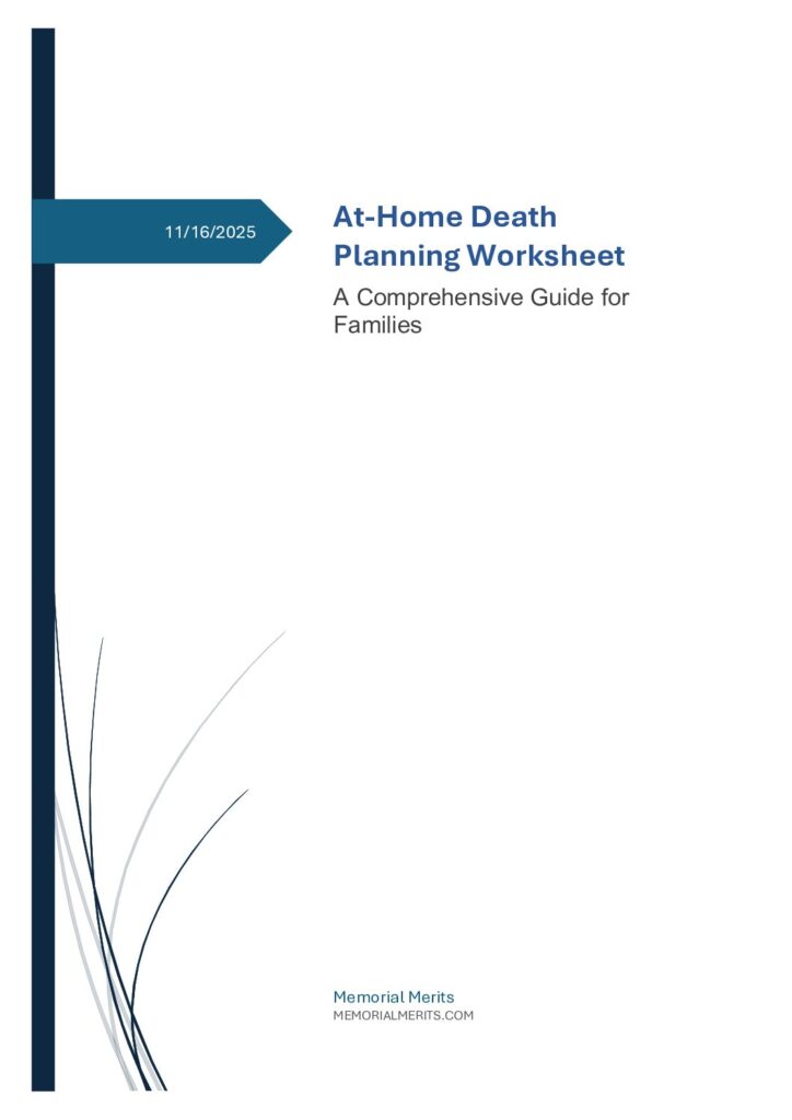 First page preview of the At-Home Death Planning Worksheet from Memorial Merits for families planning home funerals or home vigils