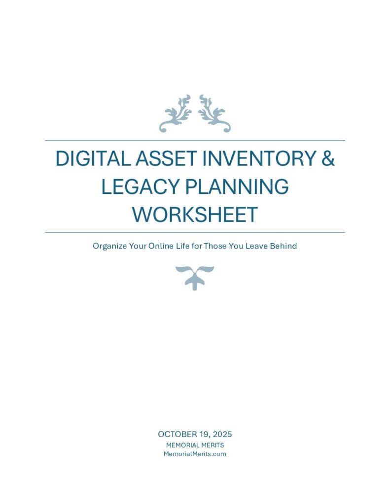 First page preview of the Digital Asset Inventory Worksheet from Memorial Merits for cataloging online accounts, digital property, and access credentials