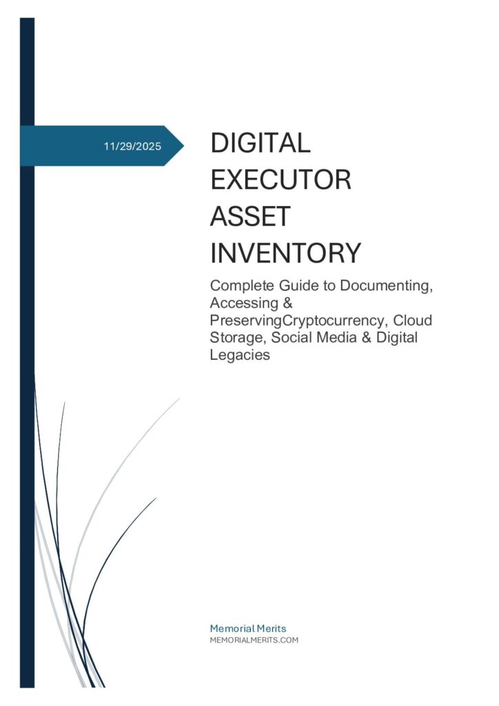 First page preview of the Digital Executor Asset Inventory Workbook from Memorial Merits with fields for cataloging estate assets