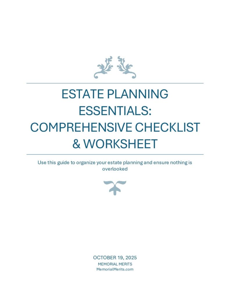  First page preview of the Estate Planning Essentials Checklist from Memorial Merits covering core documents and decisions for a complete estate plan