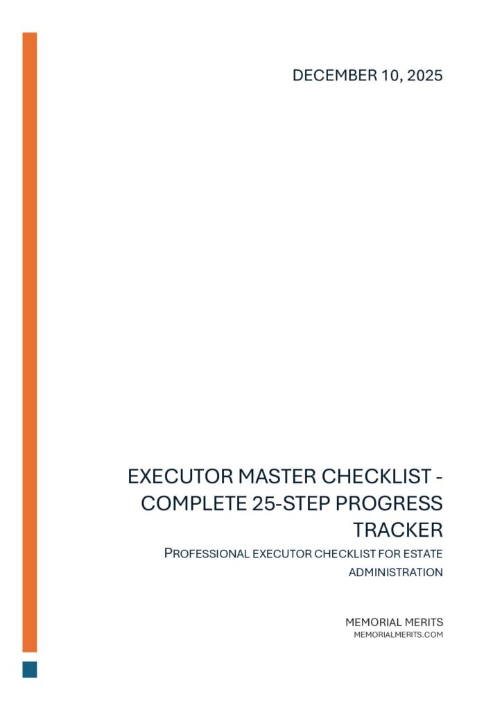 First page preview of the Executor Master Checklist showing a 25-step progress tracker for managing estate settlement tasks
