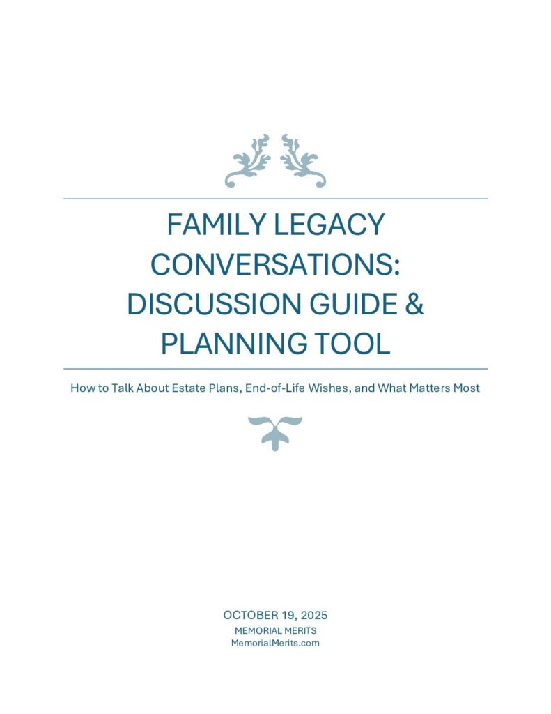 First page preview of the Family Legacy Conversations Guide from Memorial Merits with frameworks for initiating meaningful family discussions about values, wishes, and memories