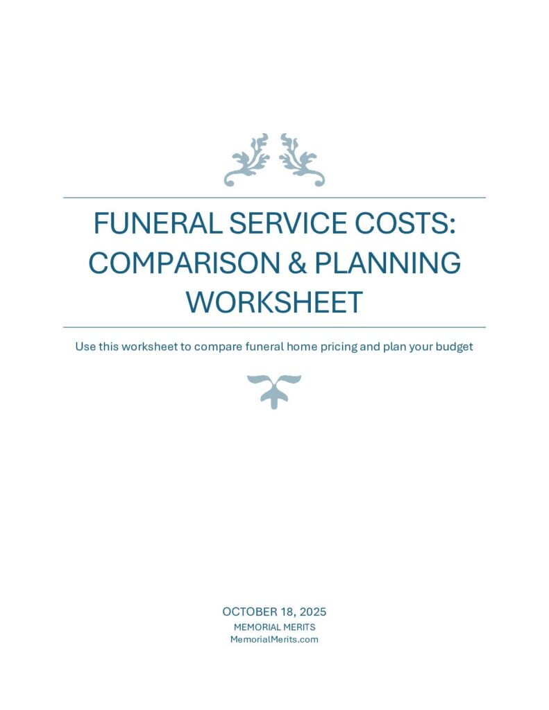 First page preview of the Funeral Service Costs Comparison and Planning Worksheet from Memorial Merits for comparing funeral home pricing and budgeting