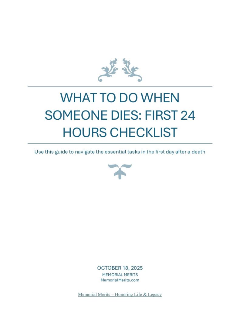 First page preview of the First 24 Hours After Death Checklist from Memorial Merits listing immediate actions required when someone dies