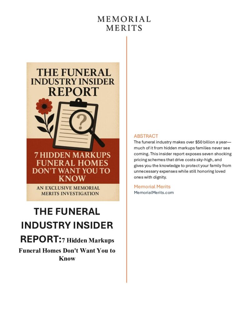 First page preview of Funeral Industry Secrets Exposed from Memorial Merits revealing common industry practices that cost families thousands