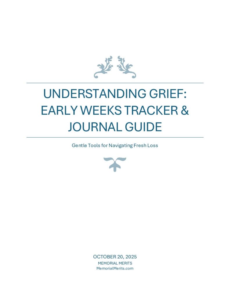 First page preview of the Grief Tracker Journal Prompts from Memorial Merits with guided writing prompts for processing grief through journaling