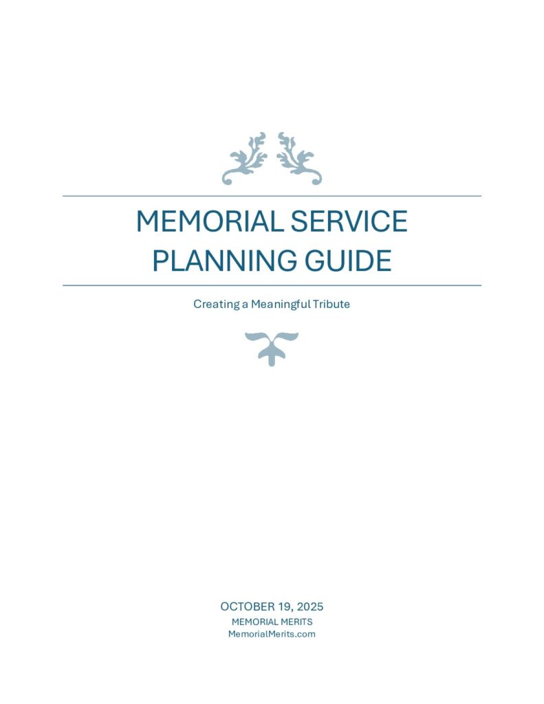 First page preview of the Memorial Service Planning Guide from Memorial Merits with step-by-step guidance for organizing a meaningful memorial
