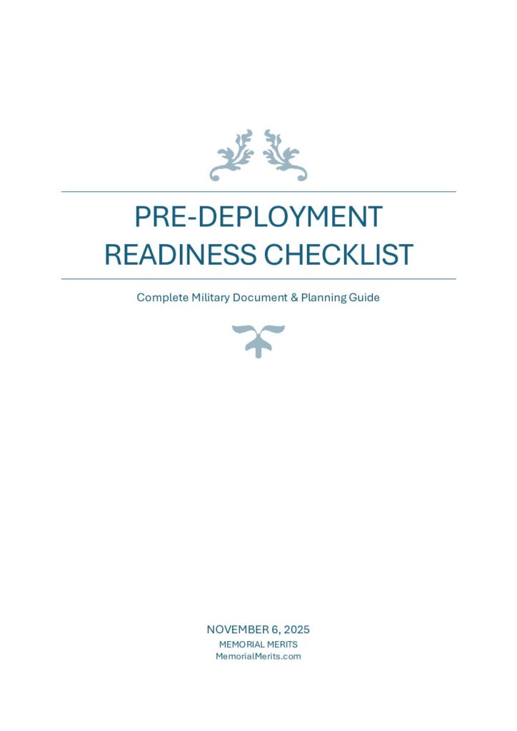 First page preview of the Military Pre-Deployment Readiness Checklist from Memorial Merits covering legal, financial, and family preparation before deployment