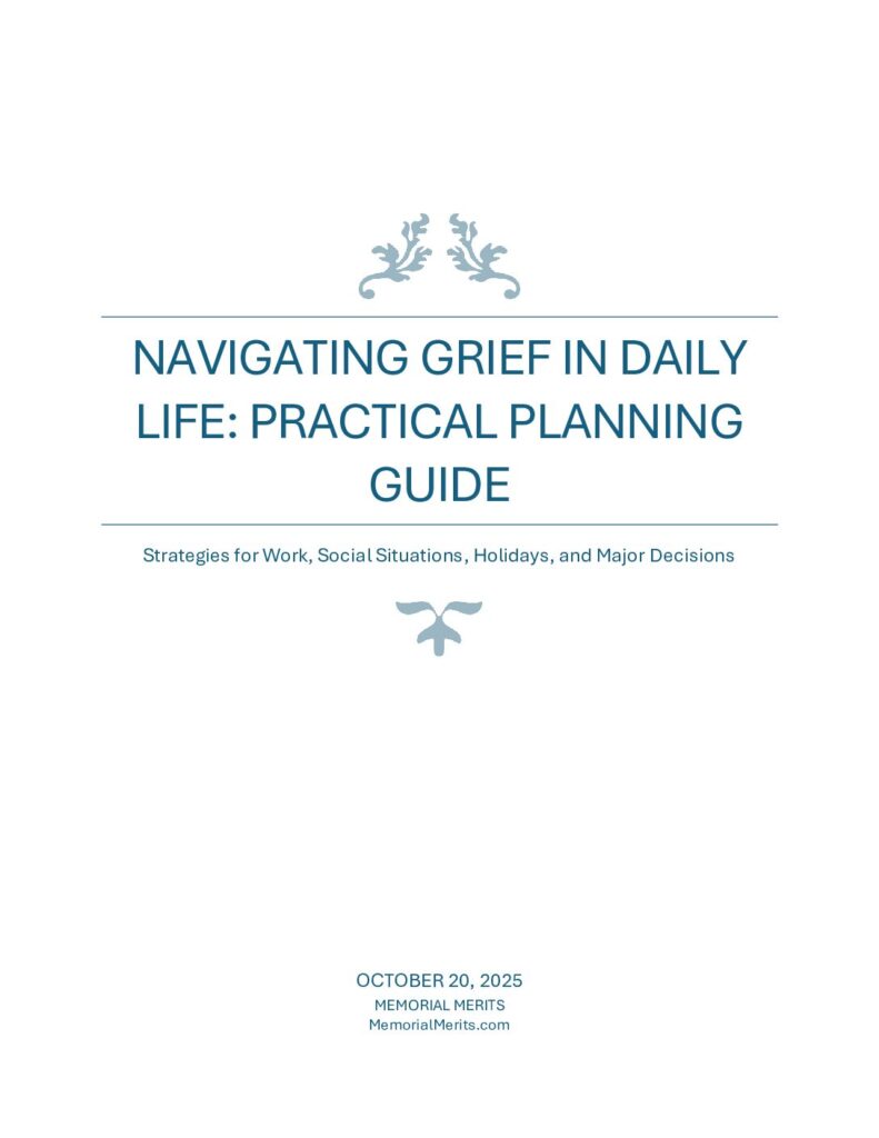First page preview of the Navigating Grief in Daily Life Planning Guide from Memorial Merits with practical strategies for managing grief alongside everyday responsibilities
